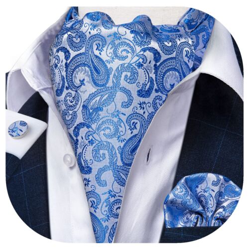 Blue Ascot Ties for Men Cravat Tie and Pocket Square Set Jacquard Silk Ascot ... - Picture 2 of 6