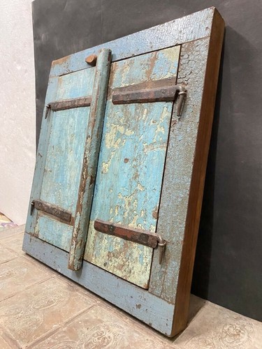 OLD ANTIQUE RARE HANDMADE OLD COLOR WALL HANGING WOODEN WINDOW DOOR WITH MIRROR - Picture 2 of 12