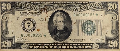 1928 $20 Dollar Bil Star Note Low Trinary Serial Numbers 255 Rear Five In Row - Picture 2 of 3