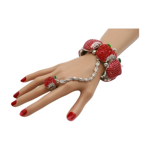 Women Silver Metal Hand Chain Red Apples Bracelet Special Ring One Size Fit All - Picture 8 of 23