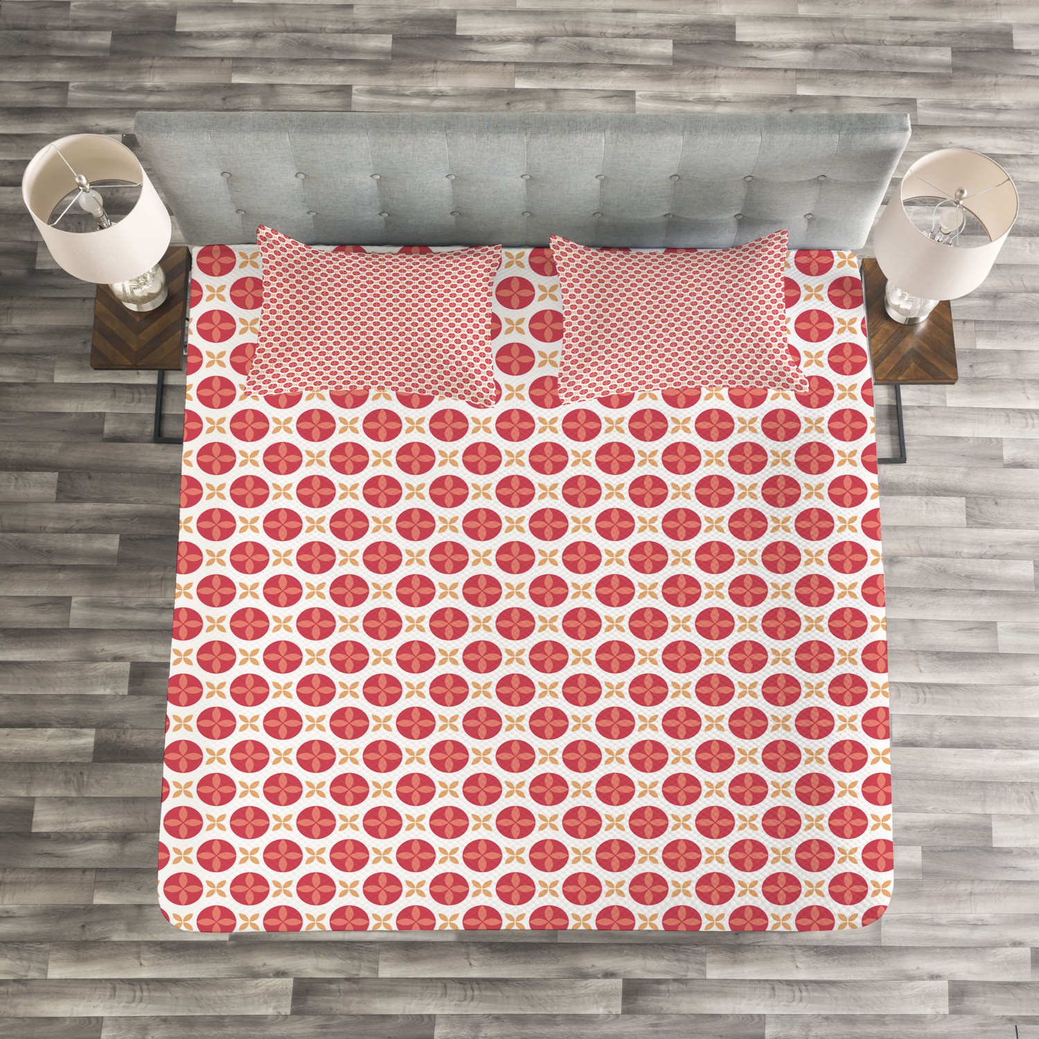Floral Quilted Bedspread & Pillow Shams Set, Retro Diagonal Flowers Print Floral Quilted Bedspread & Pillow Shams Set, Retro Diagonal Flowers Print