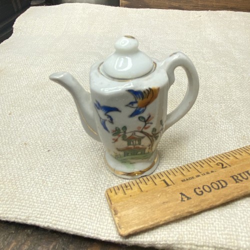 Vintage JAPAN Miniature Pitcher With Lid Hand Painted Birds & House Design