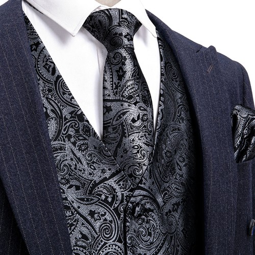 Rojo Paisley Hombres Chalecos Negro Traje Chaleco Conjunto Corbata Vestido de Boda Esmoquin V - Imagen 21 de 88