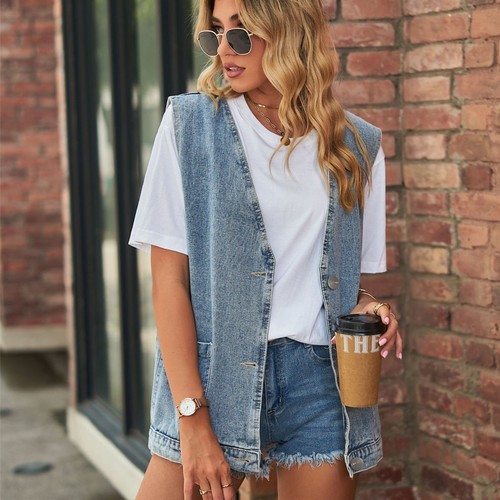 Chaleco de mezclilla para mujer cuello en V sin mangas camisa de jean con botones informal camiseta sin mangas - Imagen 6 de 18