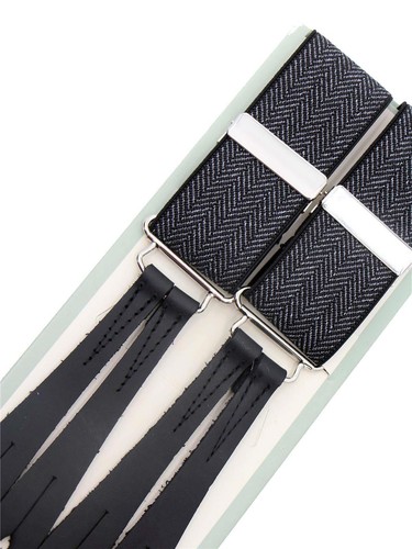 1940s Vintage Style Charcoal Herringbone Button Trouser Braces Real Leather - Picture 2 of 5