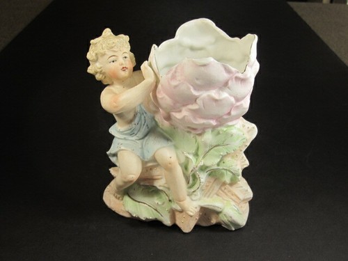 Antique German Bisque Boy Figure Sitting Next To Large Open Top Flower Vase