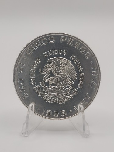 MEXICO SILVER COIN 5 Pesos 1955 ~ Silver 0.720 #2 - Picture 2 of 4