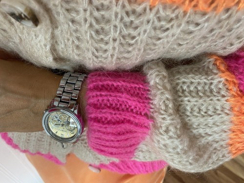 ❤️MIONI ITALIA MOHAIR FLAUSCHIGER CARDIGAN STRICKJACKE GESTREIFT ORANGE PINK - Bild 8 von 15
