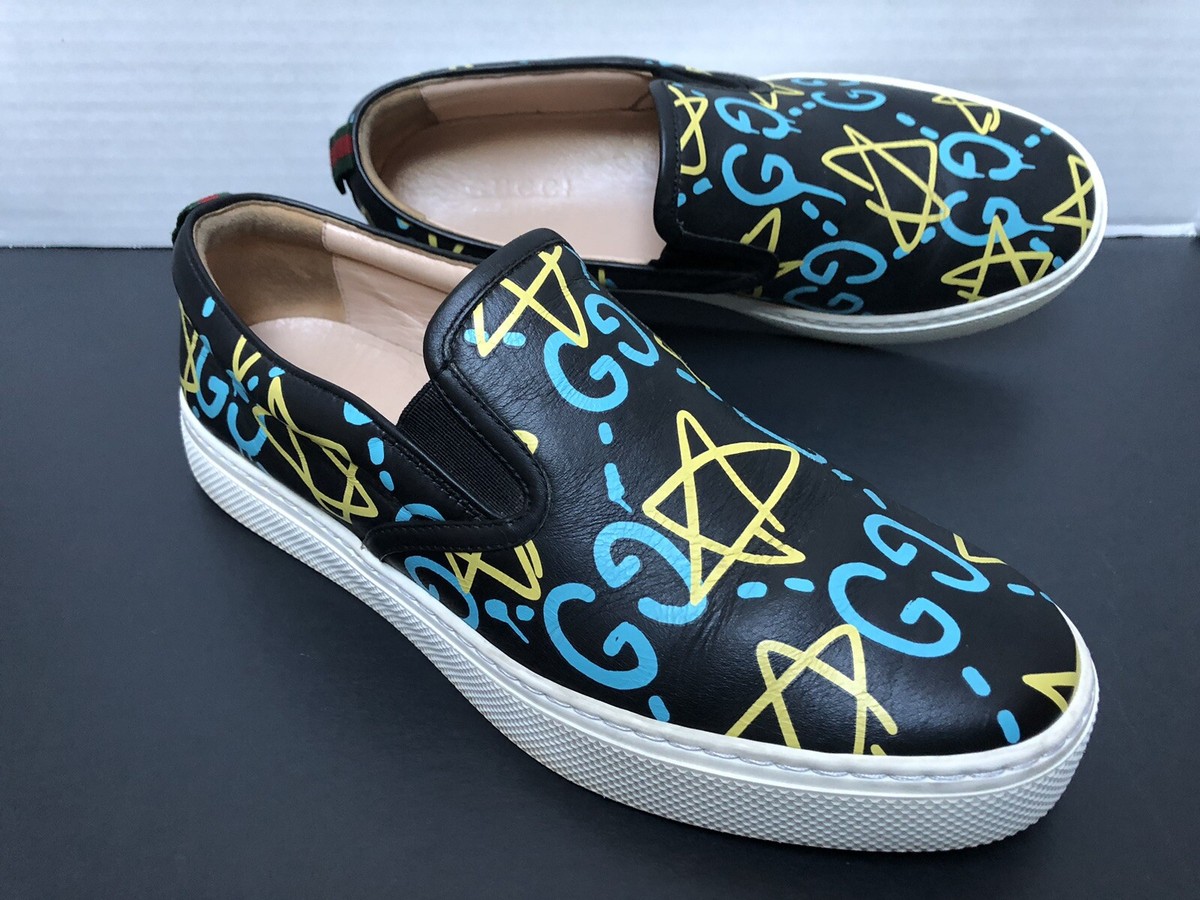 画材 AirMacgucci ghost Its Rainning Good GUCCI Men's Black Slip On Sneakers Ghost Graffiti GG Logo G