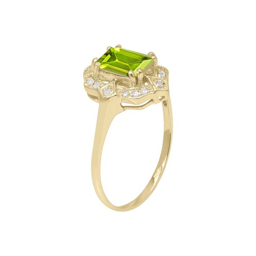 10k Yellow Gold Vintage Style Genuine Emerald-Cut Peridot and Diamond Ring - Picture 2 of 5
