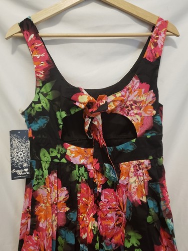 Sequin Hearts Fit Flare Dress Sz 7 Red Floral Waist Tie Bow Exposed Back - Picture 6 of 10