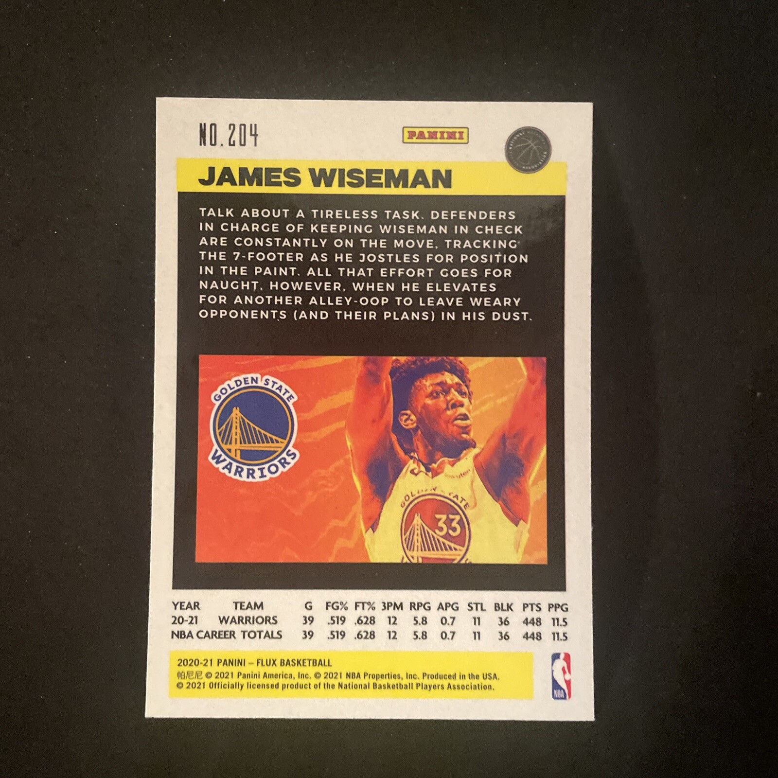 James Wiseman 2020 Panini Flux Base Rookie Card #204 Warriors RC - Picture 2 of 2