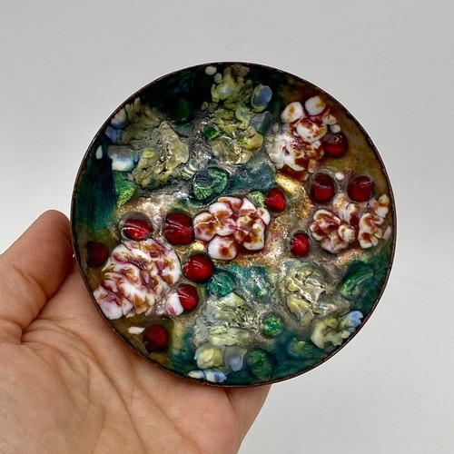 Vintage MCM Enamel On Copper Trinket Ring Dish Abstract Pink Green Floral 4" - Picture 1 of 8