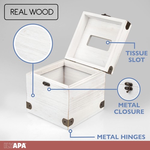Rustic Wooden Square Tissue Box Holder Dispenser with Hinged Lid for Bathroom - Bild 3 von 6