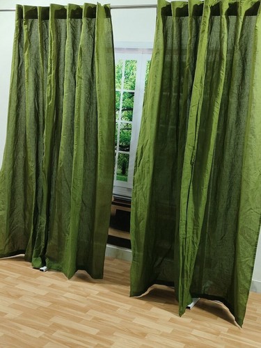 Linen Curtain 2 Panel Curtain Panel Moss Green Curtain for Living Room Kitchen - Picture 7 of 8