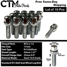 10x Chrome 12x1.5 Lug Bolts 40mm Shank Ball Seat Fit Mercedes Stock Alloy Wheels