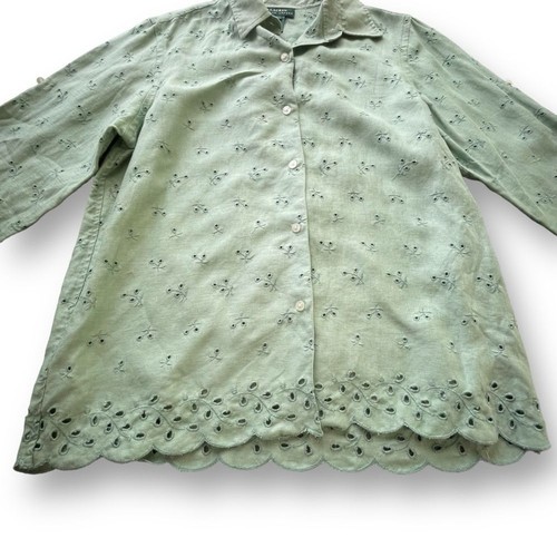 Lauren Ralph Lauren Mint Green Eyelet Linen Roll Tab Sleeve Blouse Women Large - Picture 3 of 8