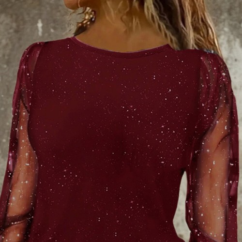 Women Mesh Pullover Solid Round Neck Long Sleeve Elegant Tops Sequin Blouses Tee - Picture 5 of 26