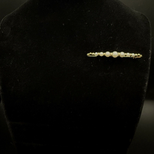 Vintage Artisan 14K Yellow Gold Cultured Pearl Bar Pin Brooch 2 Inch Graduated - Picture 12 of 14