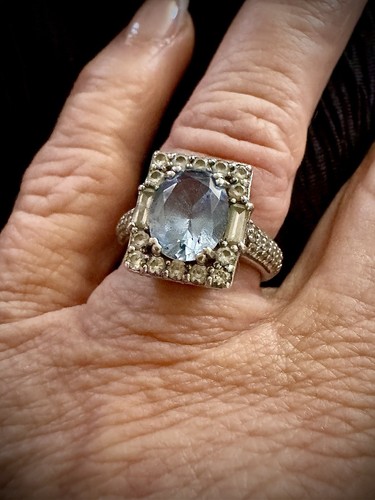 925 marked Sterling Silver Blue Topaz light blue stone scrolled bezel set ring6 - Picture 6 of 16