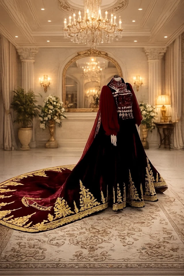 Damen Lengha/Lehenga-Set burgunderrot mit goldener Stickerei, Schleppe - Bild 3 von 4