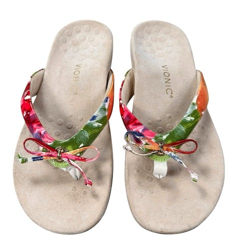 Vionic Damengröße 10 Cassie Blumenmuster Sandalen rosa Schleife Flip Flops Riemen