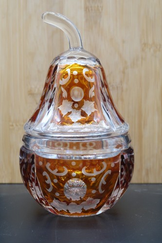 Vtg Julia Lead Crystal Pear Shape Amber Cut to Clear Candy Dish - Picture 12 of 21