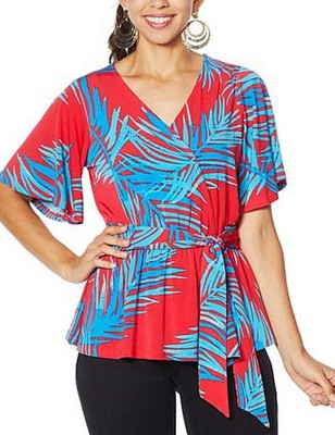 IMAN Red Palm Tropical Boho Chic Faux Wrap Blouse 2X New Jersey Stretch Knit