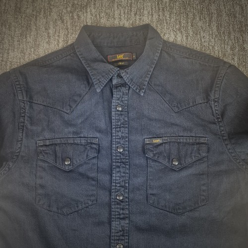 LEE Western Mens Slim Fit Navy Blue Size Medium Pearl Snap Cowboy Pocket Shirt - Picture 7 of 20
