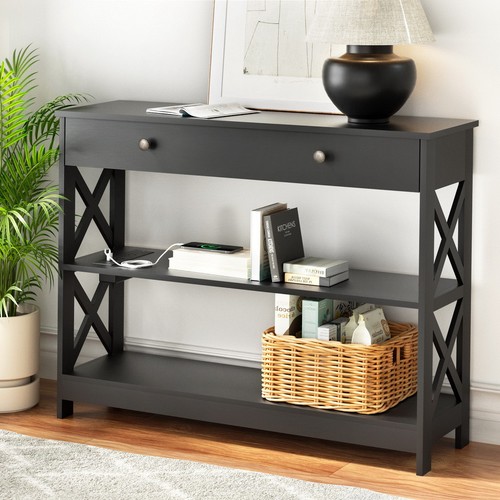 Artiss Console Table 3-Tier Entry Hallway Shelf Drawer Wood Outlets USB Ports - Picture 8 of 8