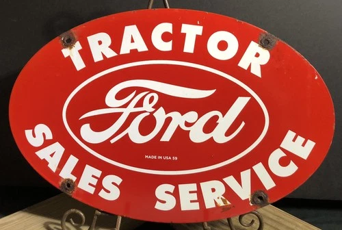 VINTAGE 1959 DATED FORD TRACTOR SALES SERVICE 16.5” PORCELAIN DEALER SIGN