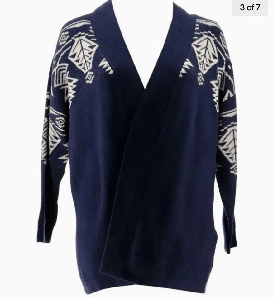 Cárdigan Denim & Co. Azul Marino Fair Isle Frente Abierto Detalle Hombro Talla XS Foto 2 de 4