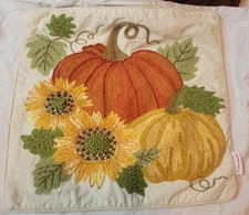 GILDED MAPLE Embroidered 17" x 17" Pillow Cover, Fall Pumpkins Leaves Flowers