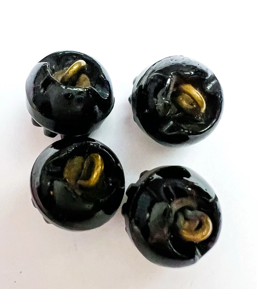 4 Antique Victorian Black Glass Ball Buttons Berry Top Metal Shank Dome Round - Image 4 of 4