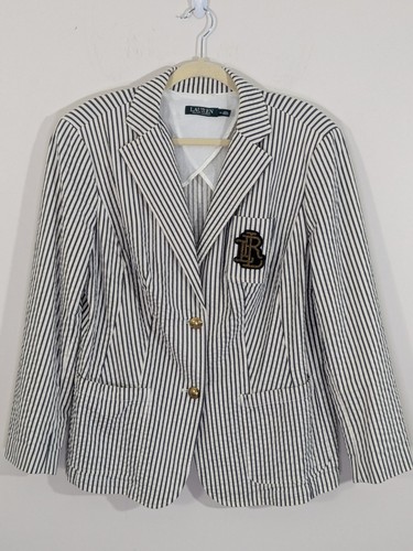 Lauren Ralph Lauren Blazer Seersucker Stripe Embroidered Monogram Logo Size 14W - Bild 3 von 12