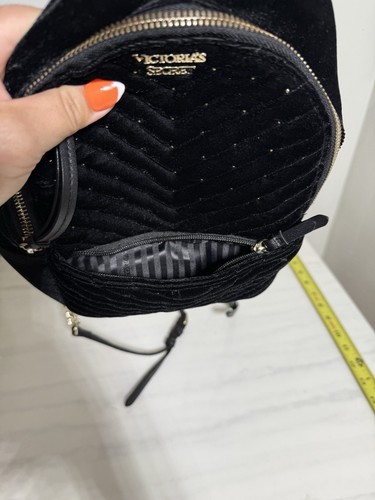 Victoria's Secret Black Velvet Mini Back Pack Gold Accents Adjustable Straps EUC - Picture 4 of 11
