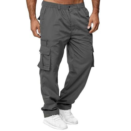 Mens Cargo Pants Casual Cotton Jogger Multi Pockets Outdoor Hiking Large Grey - Picture 2 of 8