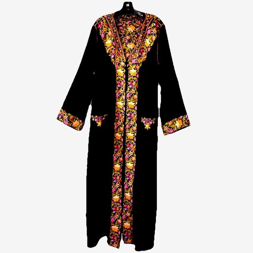 Kashmiri Soft Black Wool Dressing Robe, Coat/Long Jacket-Embroidered Flowers-XL - Picture 2 of 11