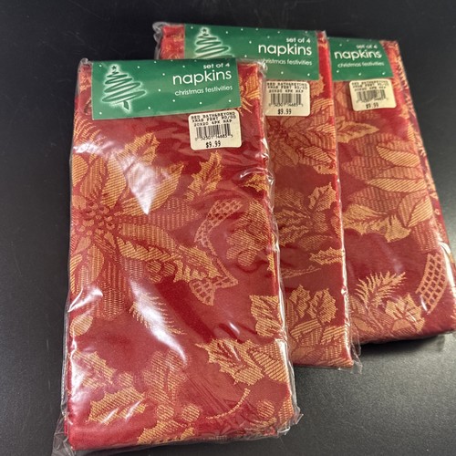 3 Packs Of 4 Bed Bath And Beyond Baroque Poinsettia Red Fabric Napkins 12 Total - Picture 1 of 6