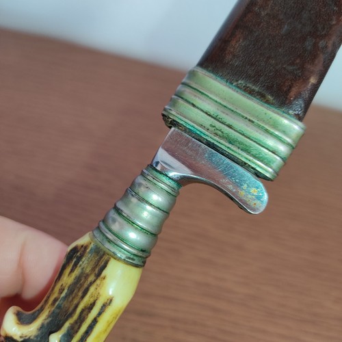 Trachtenmesser Alt Jagdmesser Horn Griff Rehbock? Vintage Lederscheide Solingen - Bild 11 von 24