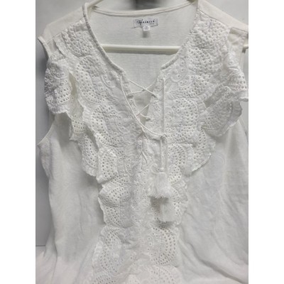 Heimish USA White Eyelet Lace Sleeveless Top 3XL Boho Tassel Lace Up V-Neck