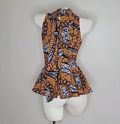 Vintage Handmade Batik Print Peplum Hem Sleeveless Blouse Small Mod Preppy Retro - Picture 2 of 9