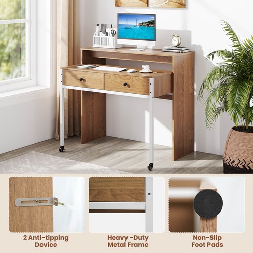 Extendable Computer Desk Console Writing Table Study Workstation w/Wheels Nature - Picture 9 of 10