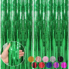 2 Pack 3.3 x 9.9 ft Green Foil Fringe Backdrop Curtain, Streamer Backdrop Cur...