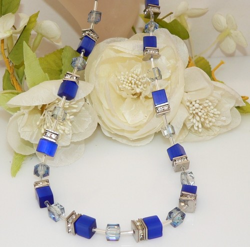Halskette Würfel Cube Cat Eye 8mm Royal Blau Kristallglas Apricot Strass 510t - Bild 11 von 12