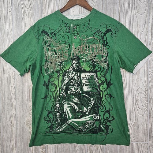 Y2K Modern Culture Gothic Skeleton Affliction Style Henley Tshirt Mens XL Green - Picture 4 of 10