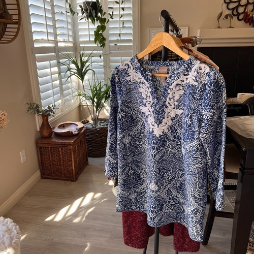 Chicos Bluse Damen Größe 0 Farbe Puzzle bestickt Tunika Popover Leinenmischung - Bild 16 von 17