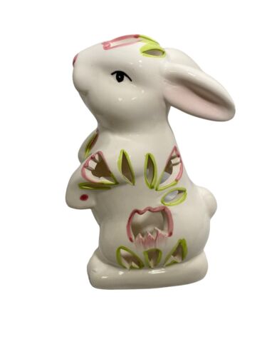 Conejito Vela Té Portaluz Primavera Pascua Deco Tulipanes Blanco 5" NUEVO - Imagen 3 de 11