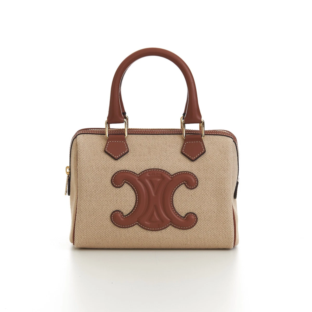 CELINE 2450 Small Boston Cuir Triomphe In Natural Textile Tan