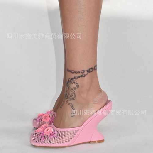2025 New High Heel Women's Embroidered Pearl Flower Wedge Heels Half Slippers Sz